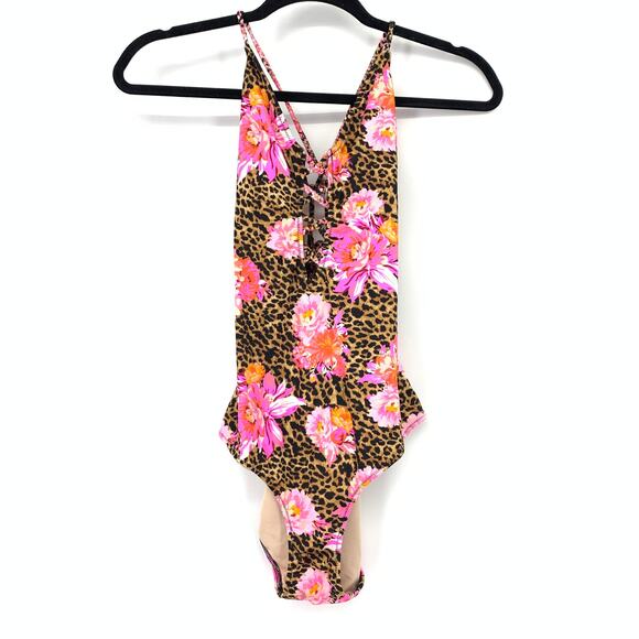 Victorias Secret One Piece Swimsuit Lace Up Front Womens M Leopard Floral Print - Picture 1 of 5